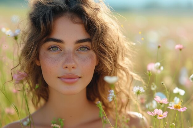 Foto jonge vrouw die in een veld van bloemen staat