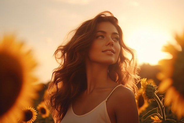 jonge vrouw die in een veld van zonnebloemen staat