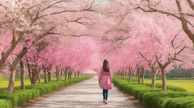 Jonge vrouw die in rijen met prachtige roze bloemenbomen loopt