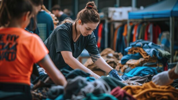 Foto jonge vrouw die kleding doorzoekt op een vlooienmarkt