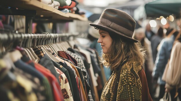 Foto jonge vrouw die kleren koopt in een winkel voor vintage kleding. ze kijkt naar een rekker met jurken.