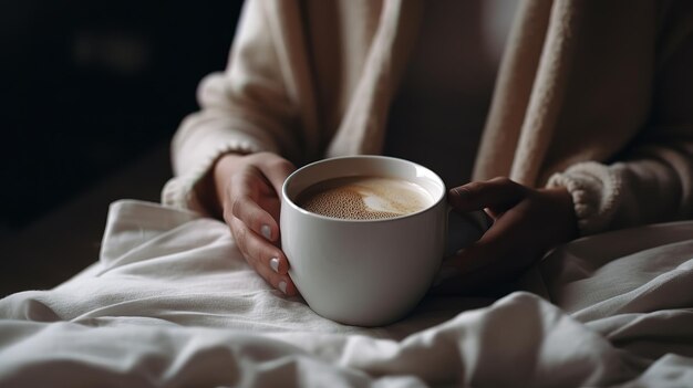Jonge vrouw die koffie drinkt in haar slaapkamer en 's ochtends haar smaitphone checkt Generative Ai