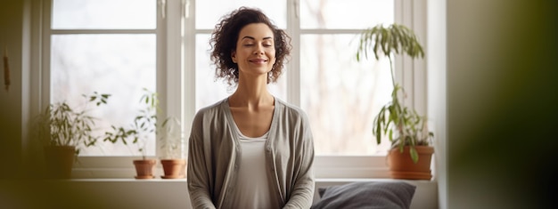 Foto jonge vrouw die lotus asana beoefent in een yogastudio terwijl ze mediteert en glimlacht