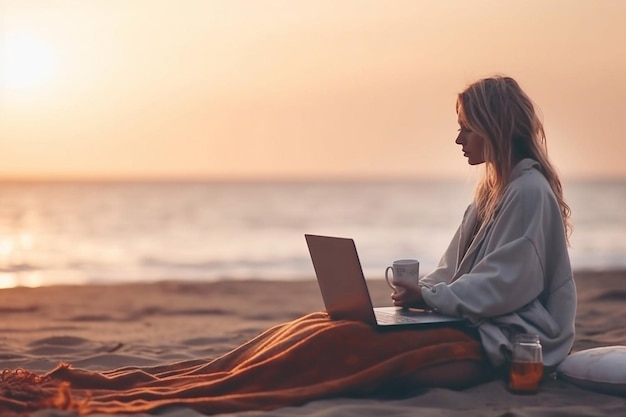 Jonge vrouw die met laptop aan aard in de zomerstrand werkt Generatieve AI