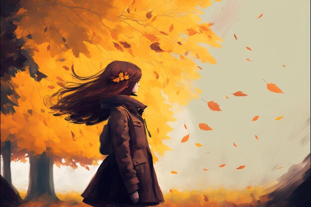 Jonge vrouw die onder de herfstboom stond, keek naar de man in de verte digitale kunststijl illustratie schilderij fantasieconcept van een vrouw onder de herfstboom