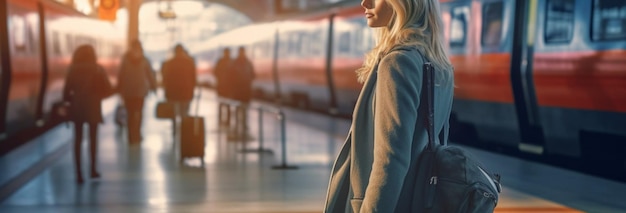 Jonge vrouw die op de trein wacht op het station