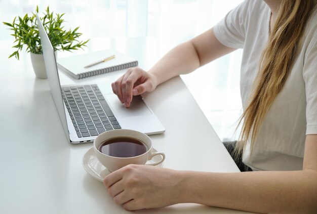 Jonge vrouw die op laptopcomputer werkt terwijl ze in de woonkamer thee drinkt