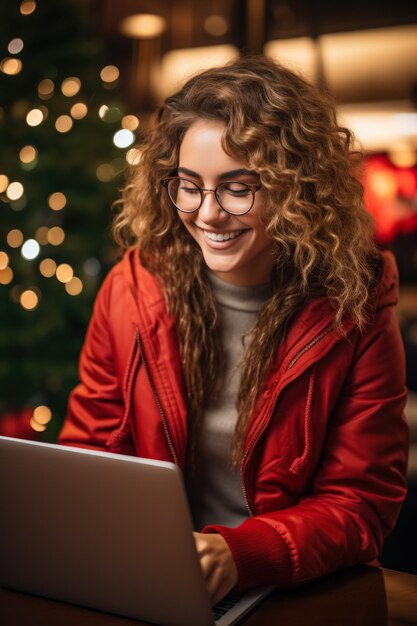 Jonge vrouw die opgewonden doorzoekt Cyber Week aanbiedingen op haar laptop