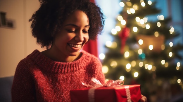 Jonge vrouw die opgewonden haar cadeau vasthoudt voor de kerstboom in de woonkamer