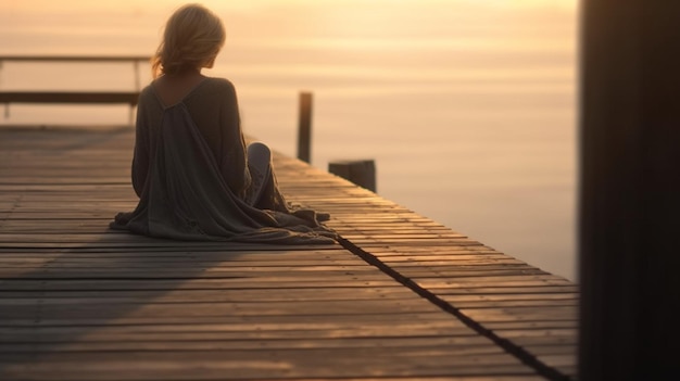 Foto jonge vrouw die rustig op een houten pier zit