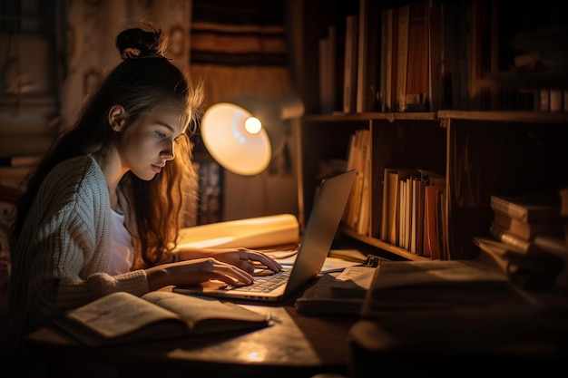 Jonge vrouw die's nachts aan de computer werkt aantrekkelijke tienerstudent die online studeert met behulp van een laptop