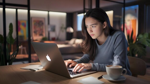 Jonge vrouw die thuis aan een computer werkt