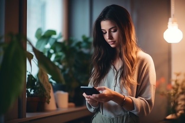 Jonge vrouw die thuis een smartphone gebruikt Studente die sms't op haar mobiele telefoon in haar kamer