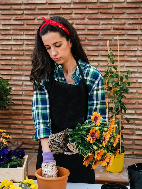 Jonge vrouw die thuis tuiniert, plant een pot met bloemen