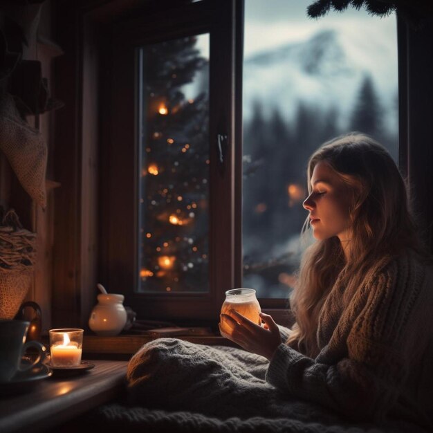 jonge vrouw die thuis zit in een stoel bij het raam met een kop warme koffie die warm is gebreid