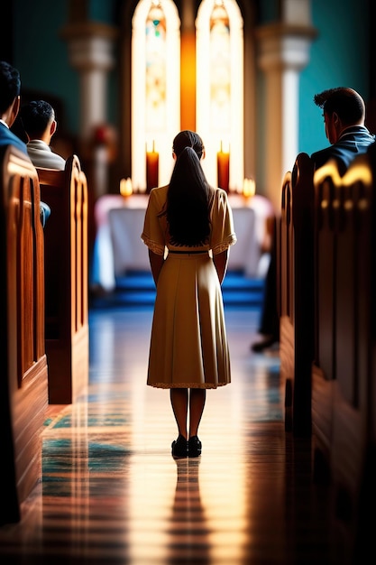 Jonge vrouw die tot God bidt in de kerk Geloof in religie en geloof in God Kracht van hoop of liefde en toewijding