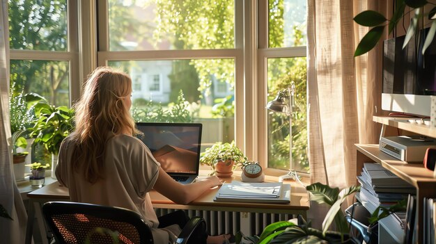 Jonge vrouw die van thuis werkt met een laptop buiten het raam Planten op het bureau en op de achtergrond