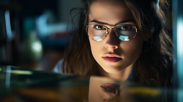 Foto jonge vrouw die vanuit huis werkt met een bril