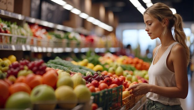 Foto jonge vrouw die winkelt in een supermarkt en vers fruit en groenten kiest