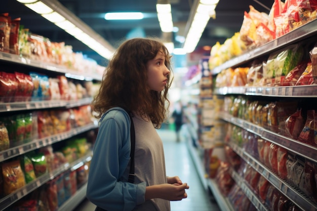 Jonge vrouw die winkelt in een supermarkt Meisje die voedsel kiest in de supermarkt