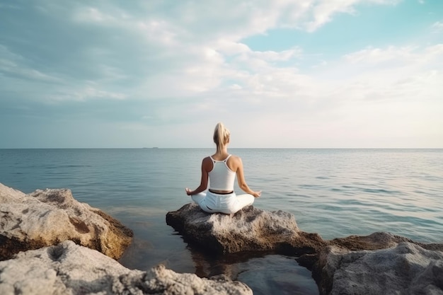 Jonge vrouw die yoga beoefent aan zee Generatieve AI