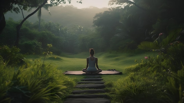 Jonge vrouw die yoga beoefent in natuurmeditatie, houdt van generatieve AI