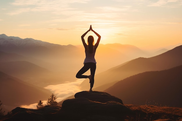 jonge vrouw die yoga doet staande positie op de achtergrond van de berg Yoga Oefening voor Wellness Concept