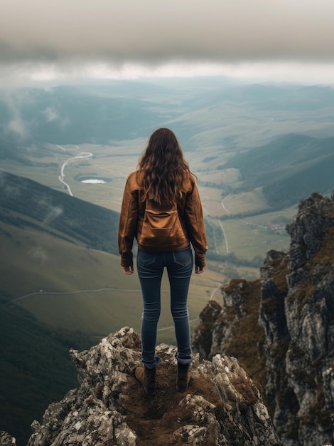 Jonge vrouw die zich bovenop een berg bevindt