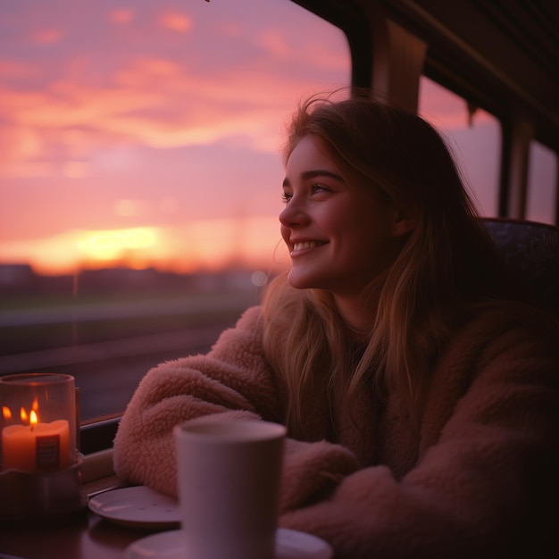 Foto jonge vrouw die zich ontspannen voelt bij het raam terwijl ze in de trein zit