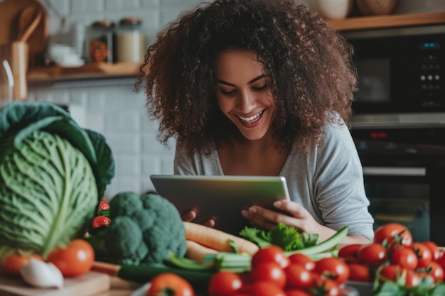 Jonge vrouw doet met succes meerdere taken met een digitale tablet en groenten