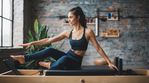 Jonge vrouw doet pilates oefeningen met een reformer bed mooie slanke fitness trainer