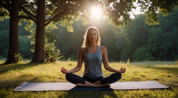 jonge vrouw doet yoga in de natuur vrouw doet yoga oefent yoga lessen in de natuur