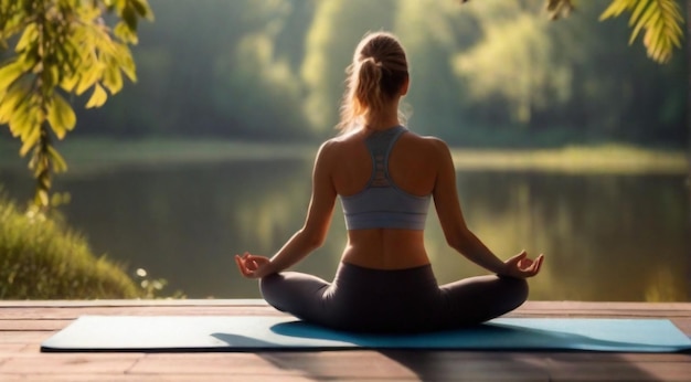 Foto jonge vrouw doet yoga in de natuur vrouw doet yoga oefent yoga lessen in de natuur