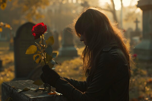 Foto jonge vrouw draagt bloemen naar het kerkhof