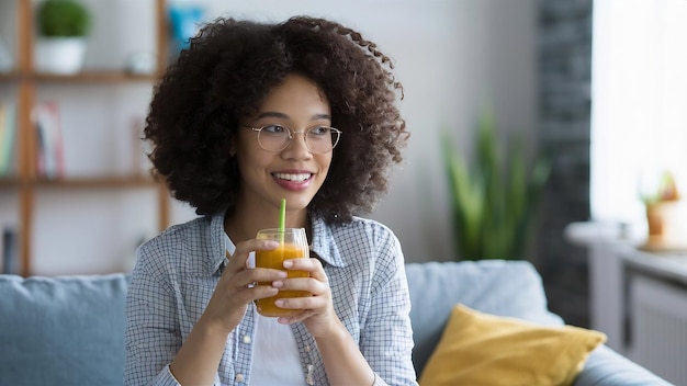 Jonge vrouw drinkt sap thuis.