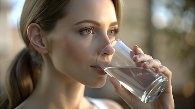 Foto jonge vrouw drinkt water terwijl ze staat