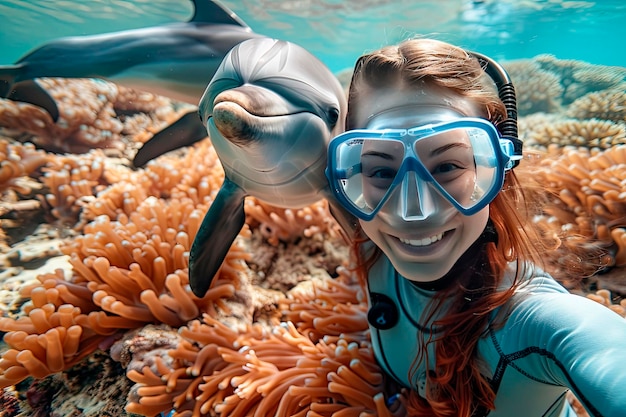 Foto jonge vrouw duikt in de buurt van een koraalrif en maakt een underwater selfie met een dolfijn.