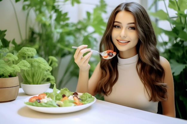 Jonge vrouw eet gezond eten en zit in de eetkamer versierd met groene planten op de achtergrond