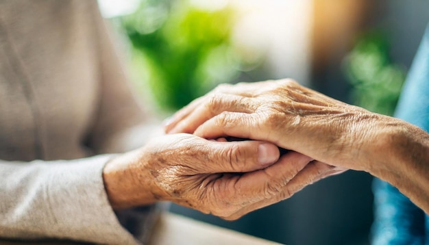 jonge vrouw en een oudere dame terwijl ze een teder hand vasthouden moment symboliseren intergenerati