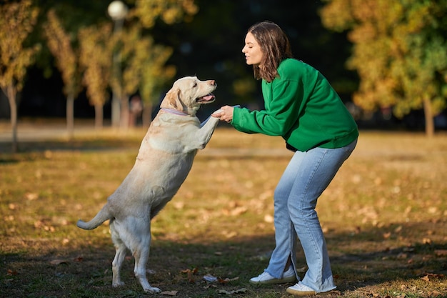 Jonge vrouw en haar gehoorzame grote hond in het herfstpark