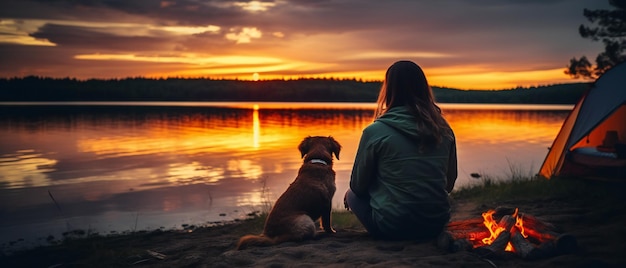 Foto jonge vrouw en haar hond zitten aan de oever van een meer