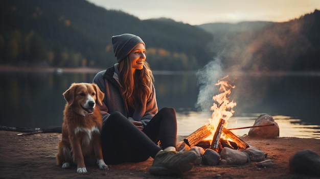 Jonge vrouw en haar hond zitten op de oever