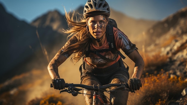 Jonge vrouw fietsen op een bergweg