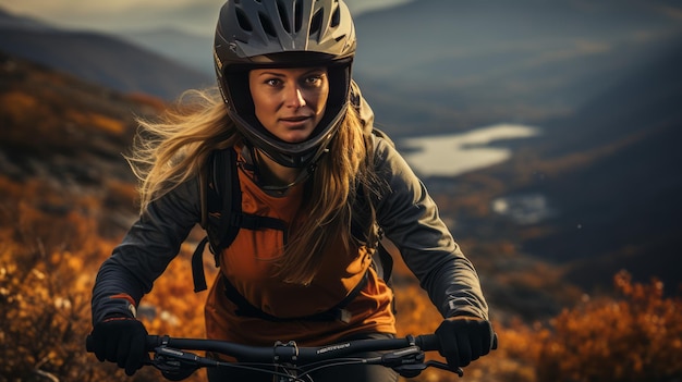 Jonge vrouw fietsen op een bergweg