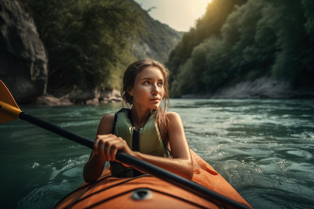 Foto jonge vrouw gaat kajakken op de esotische rivier generatieve ai