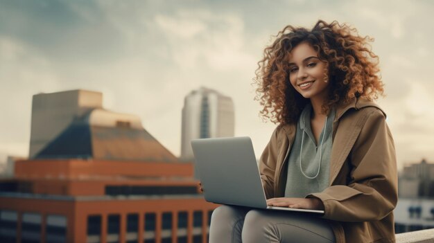 Foto jonge vrouw gebruikt laptop buiten.