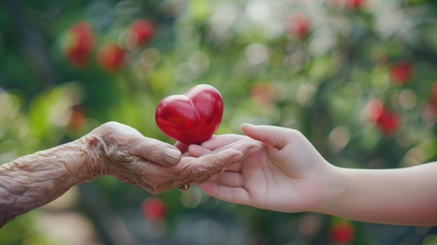 Jonge vrouw geeft een rood hart aan bejaarde moeder op Moedersdag