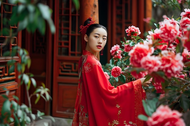 Jonge vrouw gekleed als geisha in traditionele kimono met rode bloemen Portret van een Maiko geisha