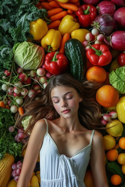 Jonge vrouw gekleed in een jurk ligt tussen groenten en fruit Vegetarisch voedselconcept Generatieve AI