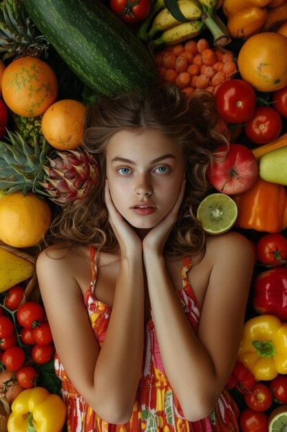 Jonge vrouw gekleed in een jurk ligt tussen groenten en fruit Vegetarisch voedselconcept Generatieve AI